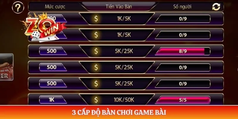 Game Bài ZOWIN 3 3 cấp độ bàn chơi game bài